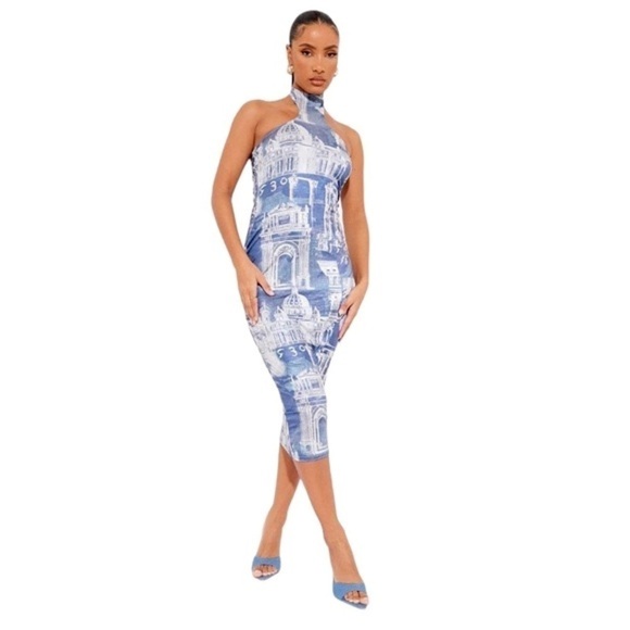 Pretty Little Thing Blue and White City Print Sleeveless Midi Dress Nwt Size 4 - Picture 5 of 7